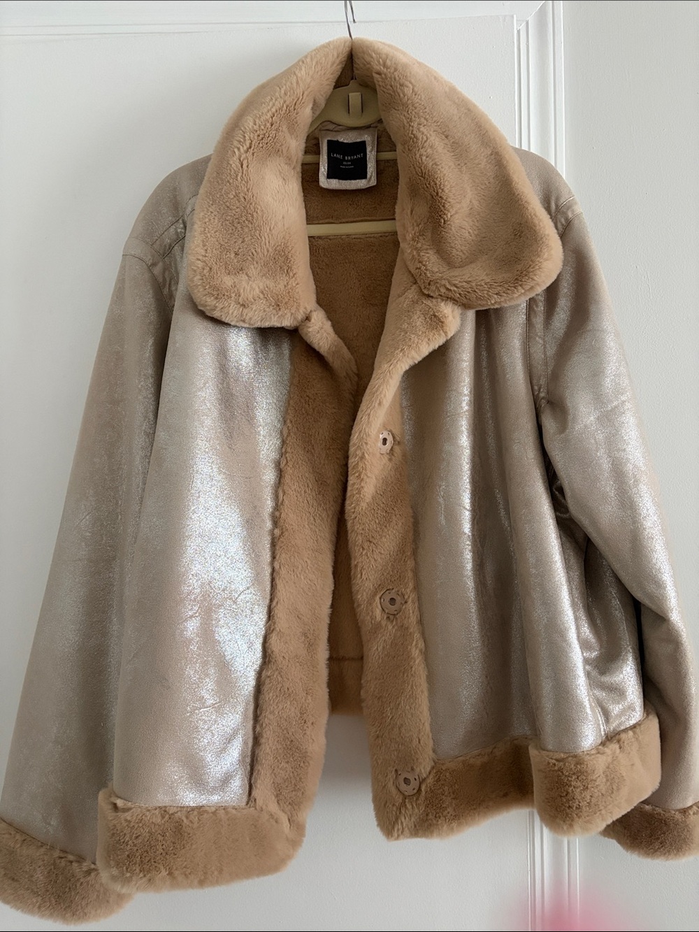 Lane Bryant Metallic Taupe Jacket with Tan Faux Shearling Trim